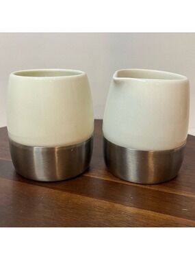 Starbucks 2005 Vtg Cream & Stainless Steel Sugar +Creamer Set Modern Minimalist